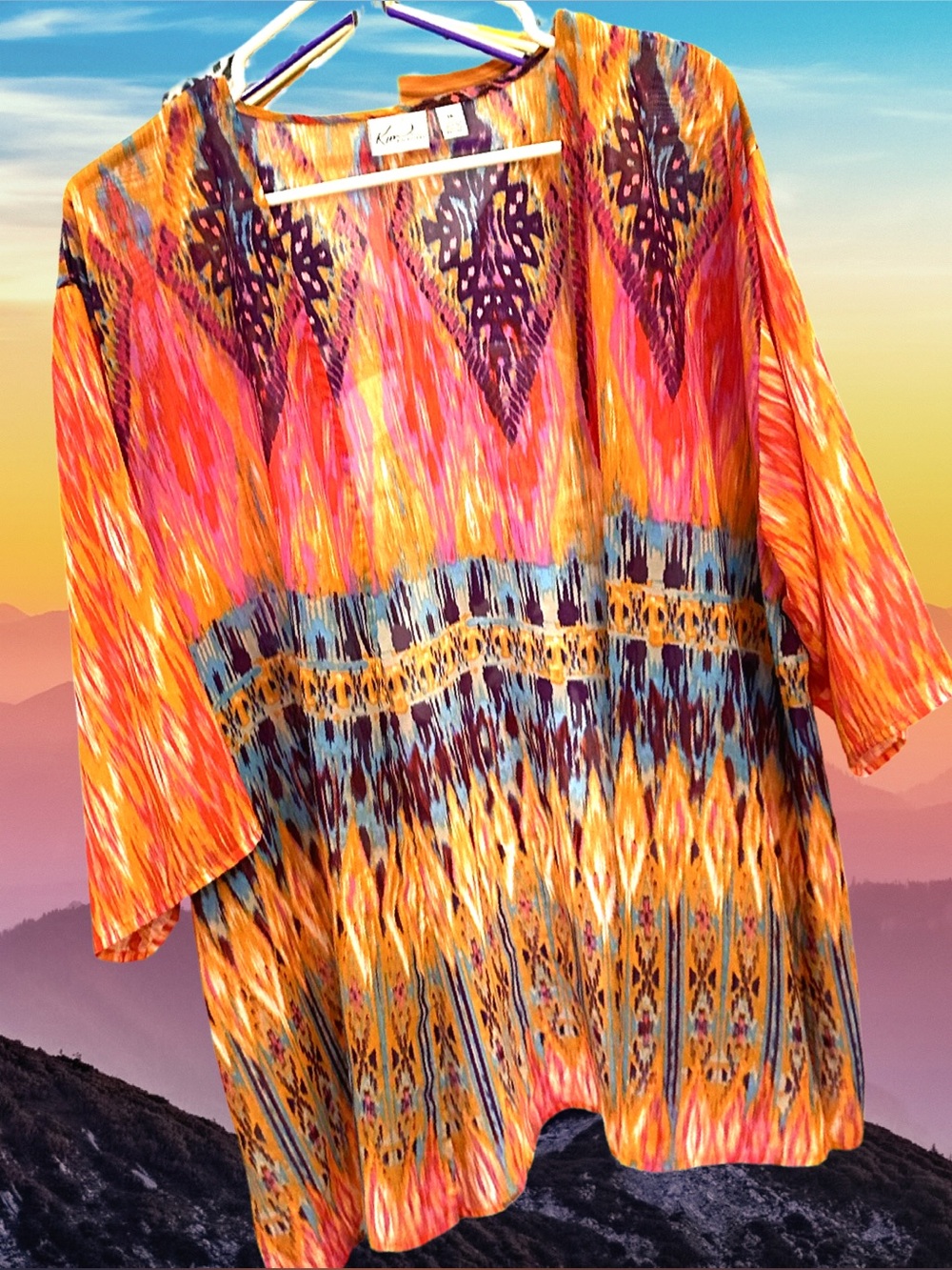 Kim Rogers Women’s plus-size Orange Patterned Open-Front Sheer Kimono💜💜1X